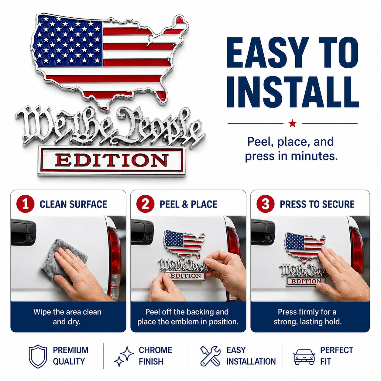 We The People Edition Chrome Auto Emblem-Patriotic 3D Metal Badge for Cars, Trucks, SUVs & Jeeps – Easy Peel-and-Stick Vehicle Upgrade