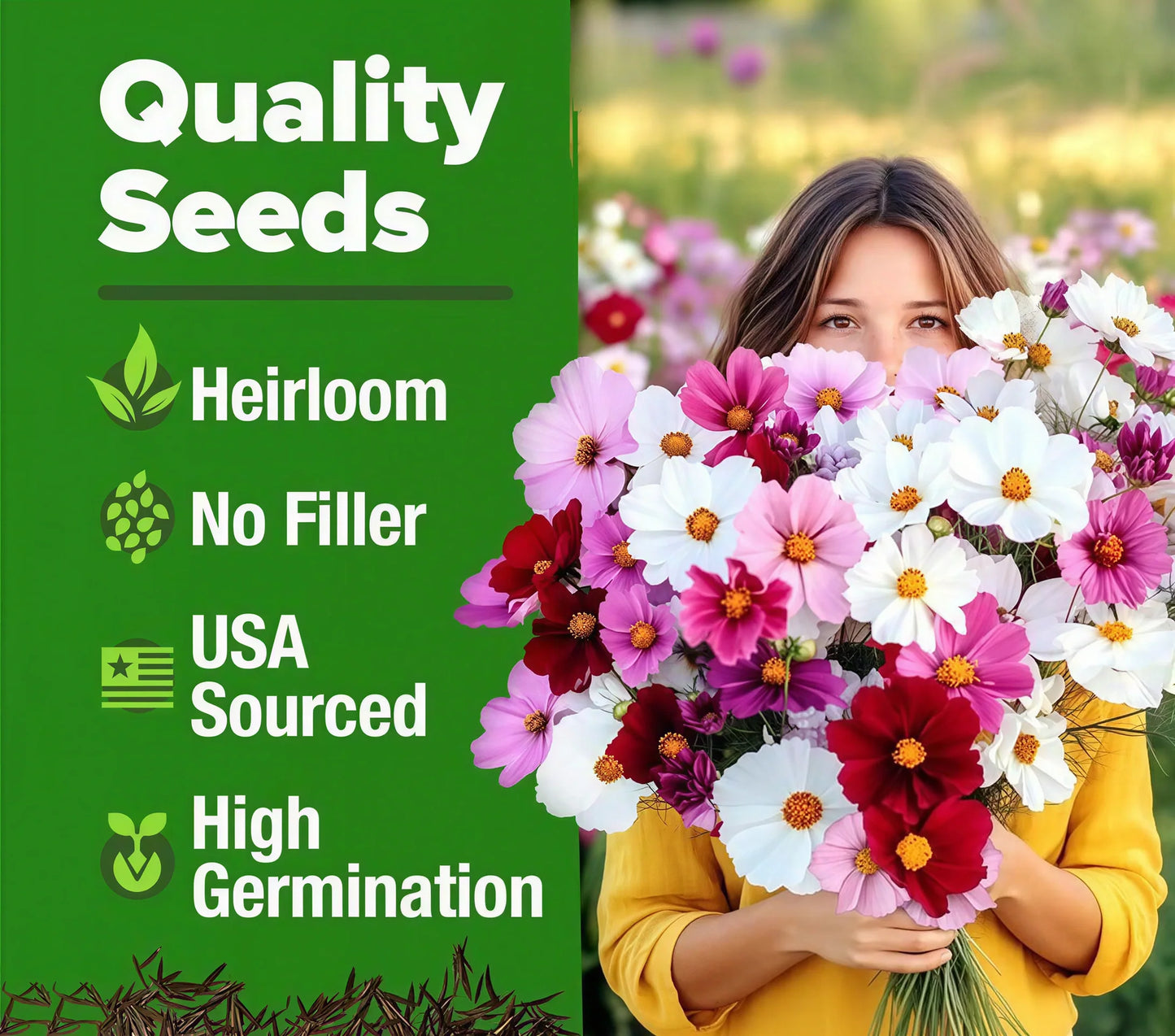 Meet the Zinnia Seeds-the pure, filler-free seeds that turn a bare patch of soil into your own personal flower paradise.